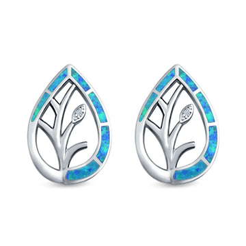 Pear Shape Stud Earrings Lab Created Blue Opal Simulated CZ 925 Sterling Silver